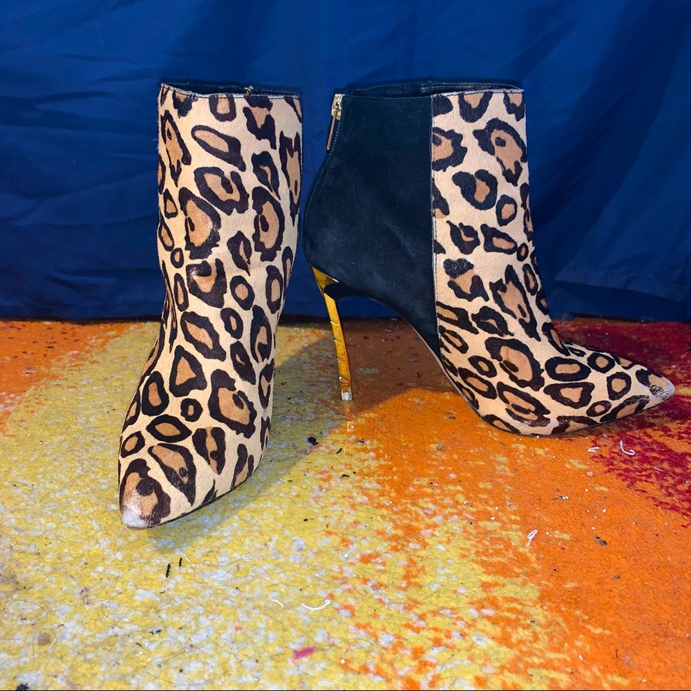 SAM EDELMAN Ankle Boots Leopard Print Gold Heels